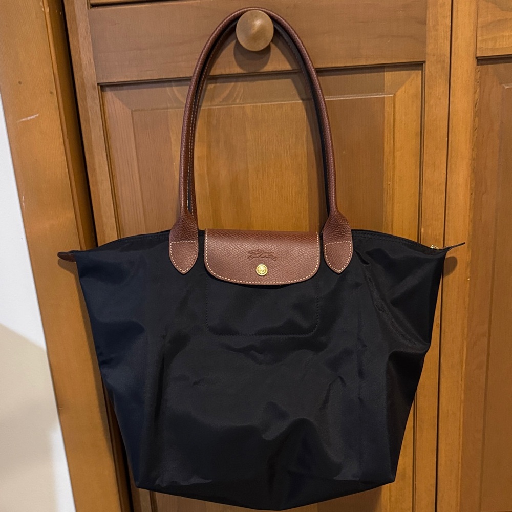 Longchamp Black Tote with Brown Accents